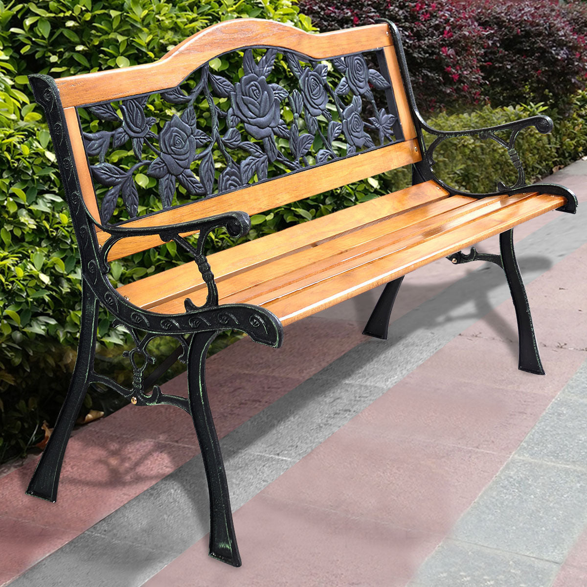 Outdoor Wooden Loveseat Bench with Iron Armrests - 3-Seater