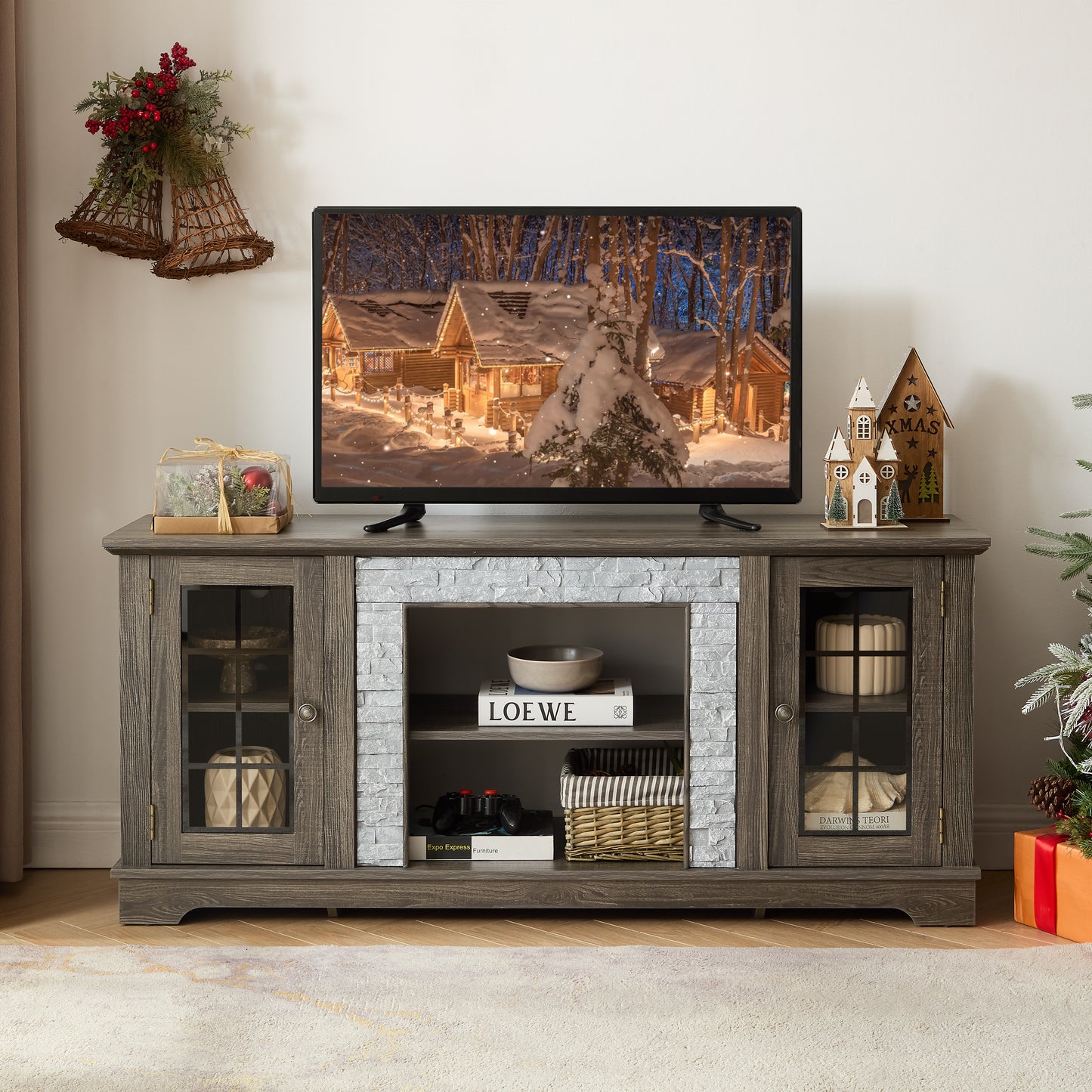 58 Modern TV Stand With 2-Door Storage, Faux Stone Media Console