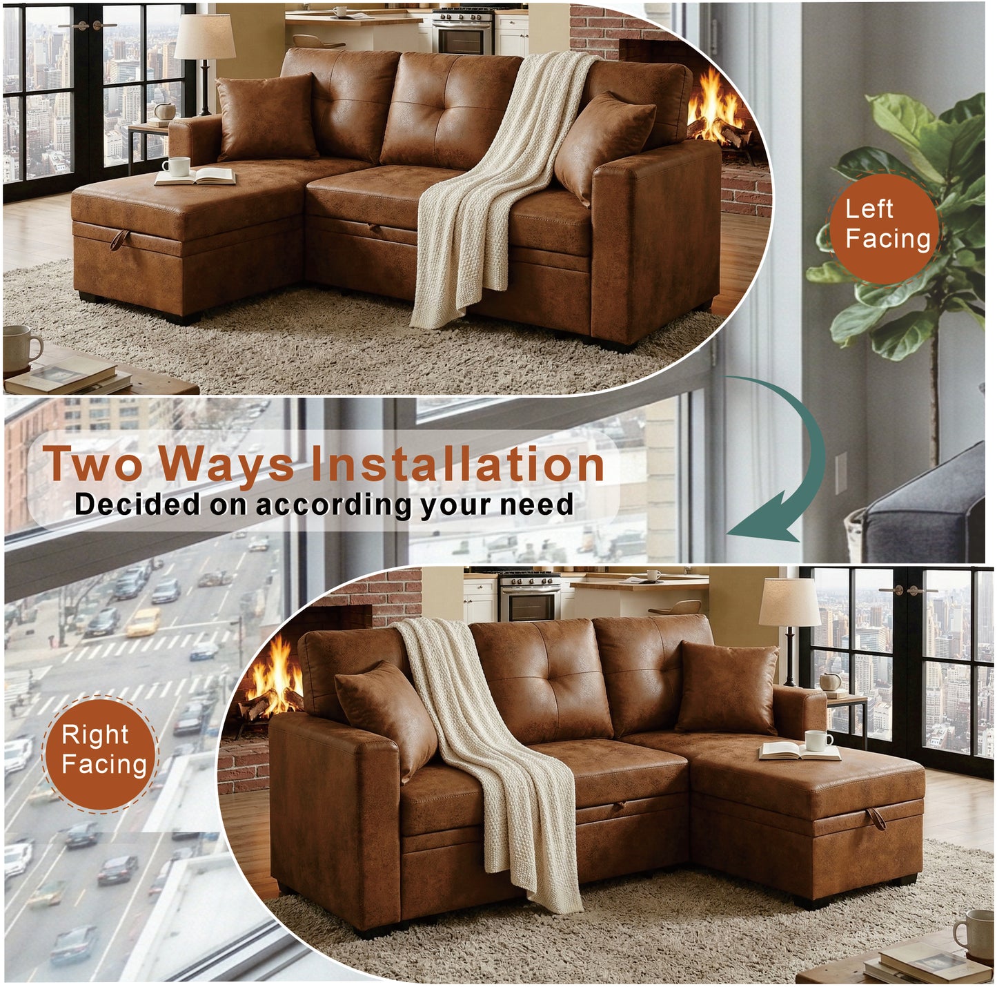 Light Brown Sectional Sofa Bed with Reversible Chaise & Storage