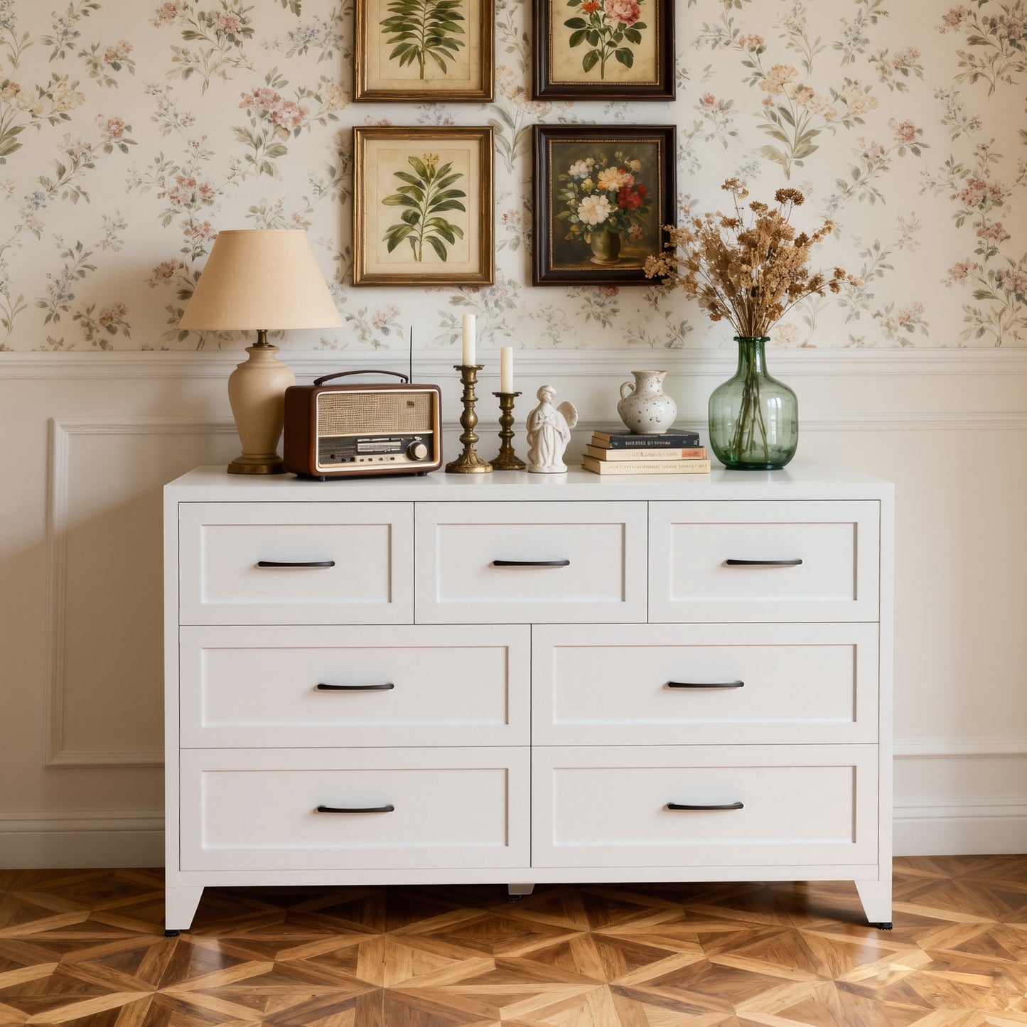 7-Drawer Dresser, Wide Low-Profile Storage Cabinet, White Metal Chest