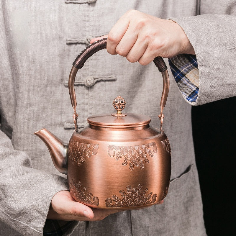 Copper Tea Brewing Pot with Manual Mechanism Antique Style Kitchen Water Kettle