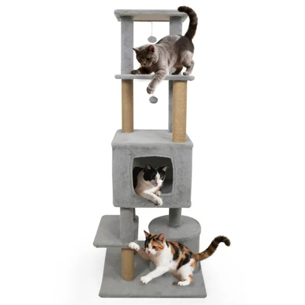64-Inch Light Gray Cat Tower with Plush Perches & Scratching Posts