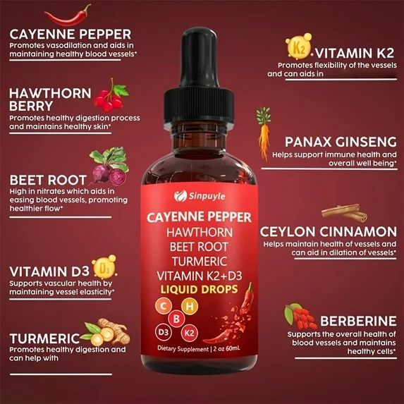 Cayenne Pepper Hawthorn Beet Root Turmeric Liquid Drops with Vitamin D3 & K2