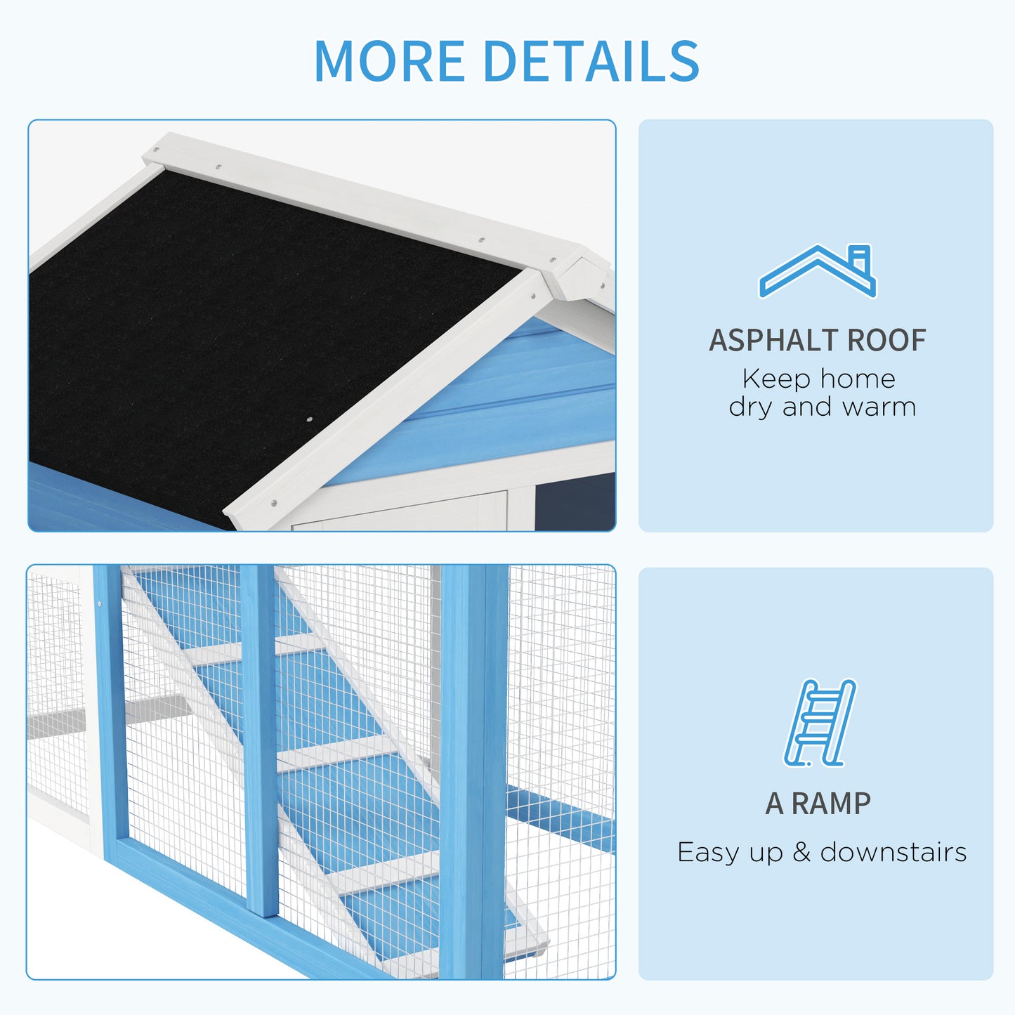 48-Inch Wooden Rabbit Hutch with Waterproof Asphalt Roof & Removable Tray - Light Blue