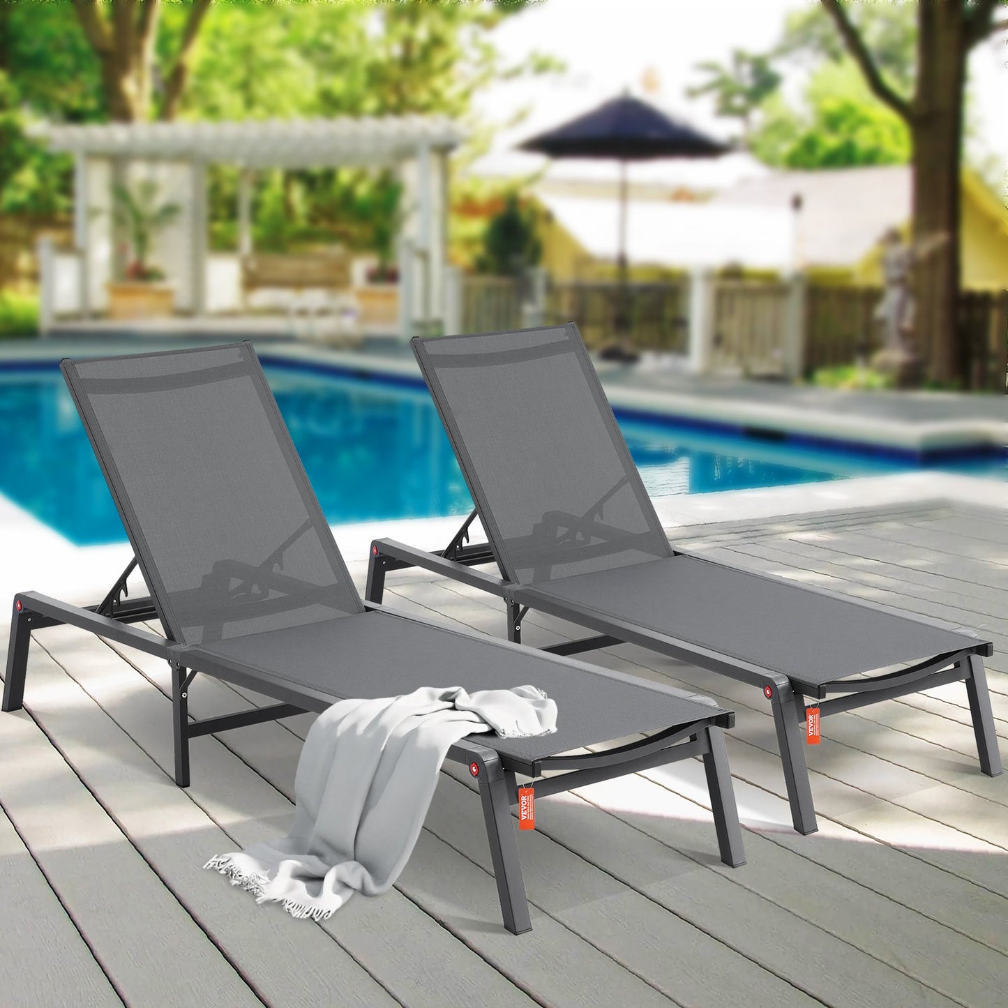 Outdoor Lounge Chair Set - Adjustable 5-Position Patio Sunbed, 2 Pcs Grey