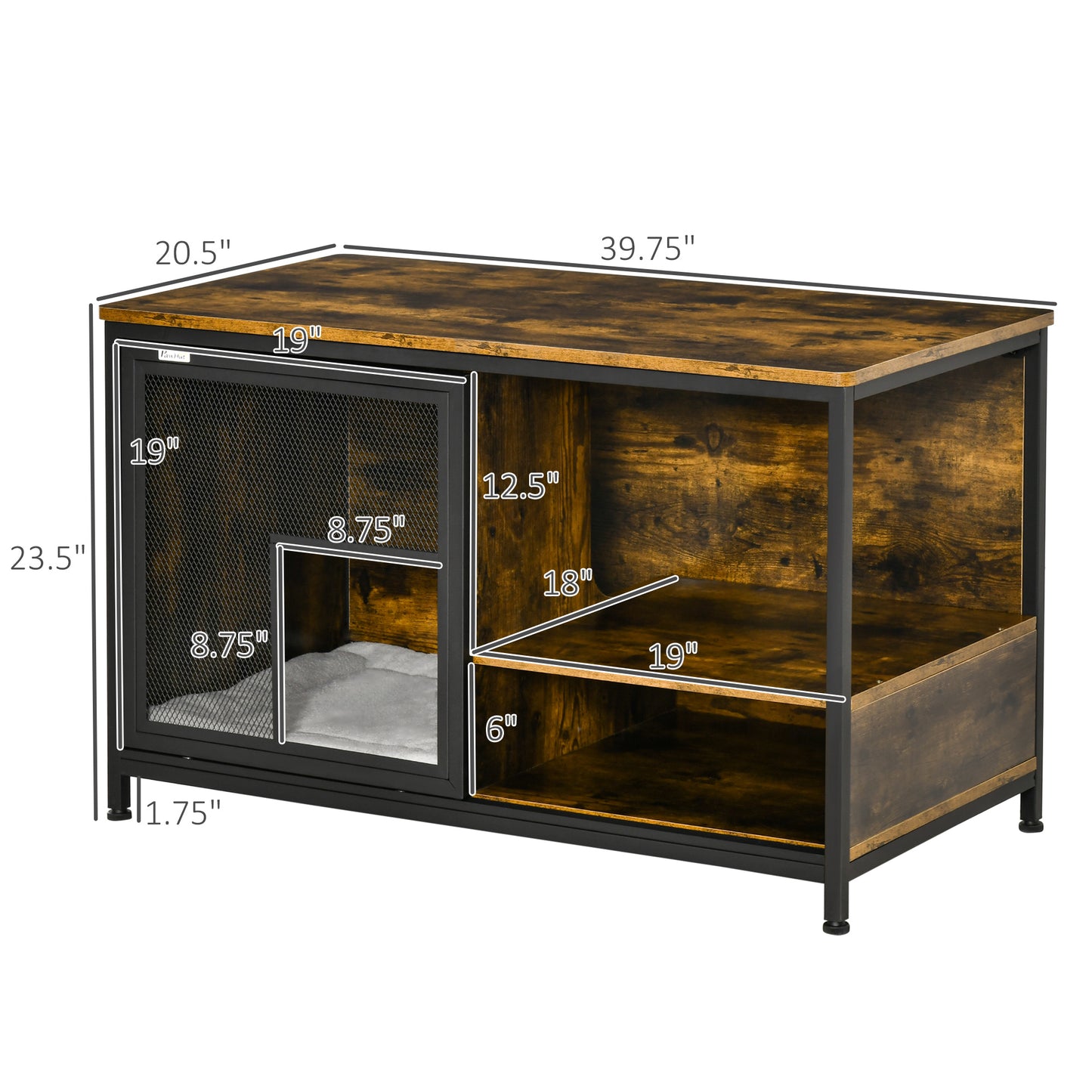 Wooden Cat Crate End Table Pet House with Cushion & Sliding Doors — Rustic Brown