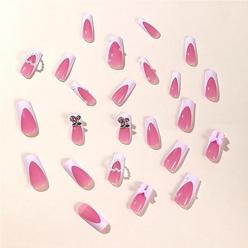 24 PCS Cherry Bow Press-On Nails - Long Square False Nail Tips - Pink