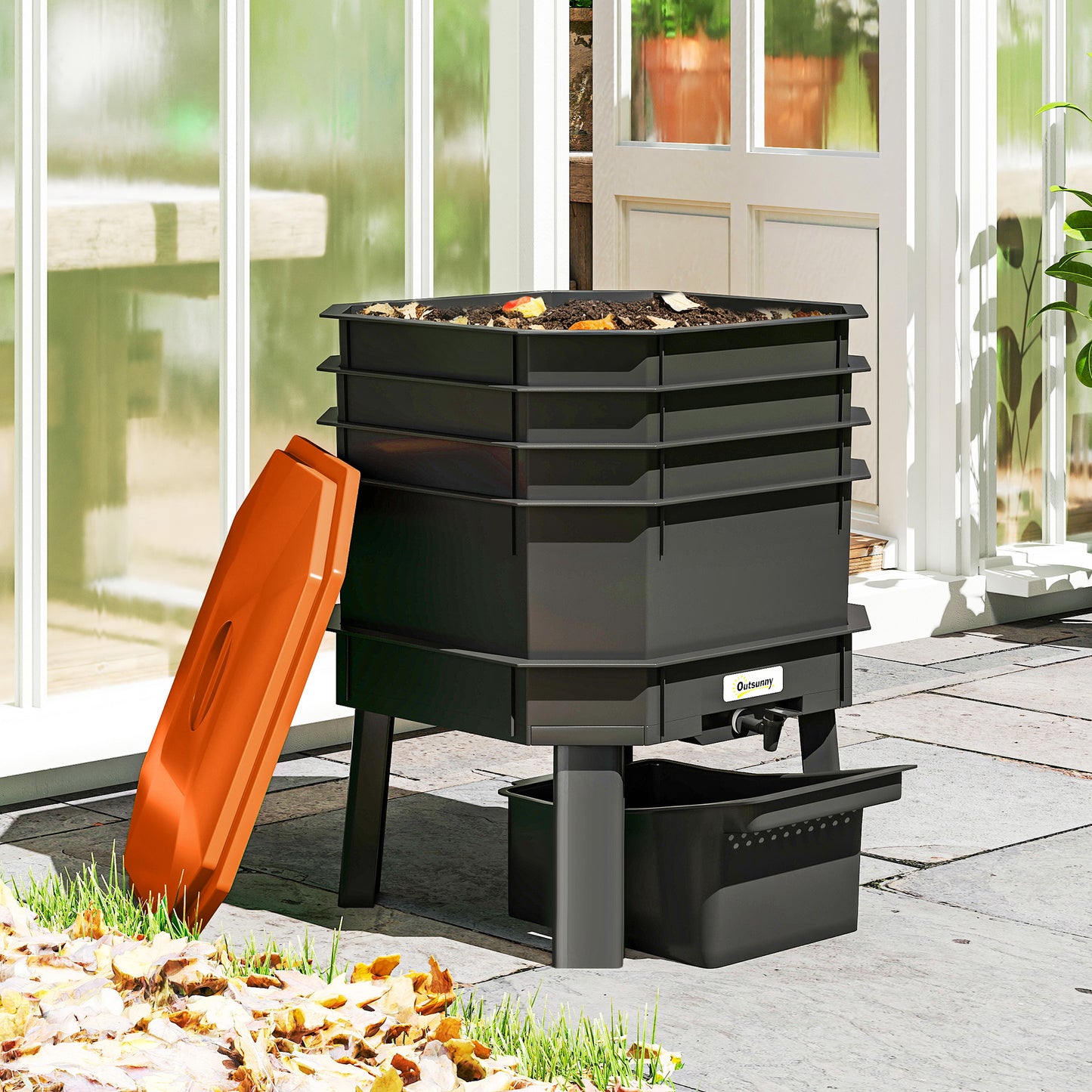 Outdoor & Indoor Worm Composter Bin 7.4 Gal - Multi-Tier Food Waste Recycling