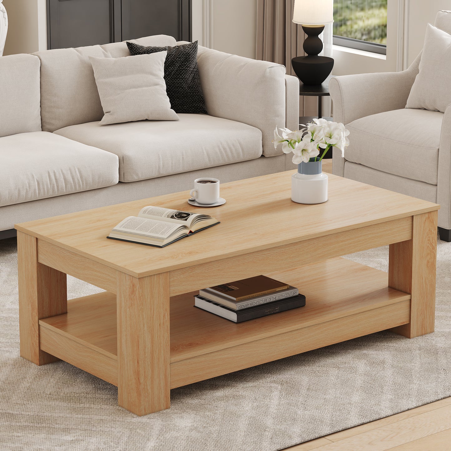 A Modern And Practical Natural Wood Coffee Table. The Double Layered