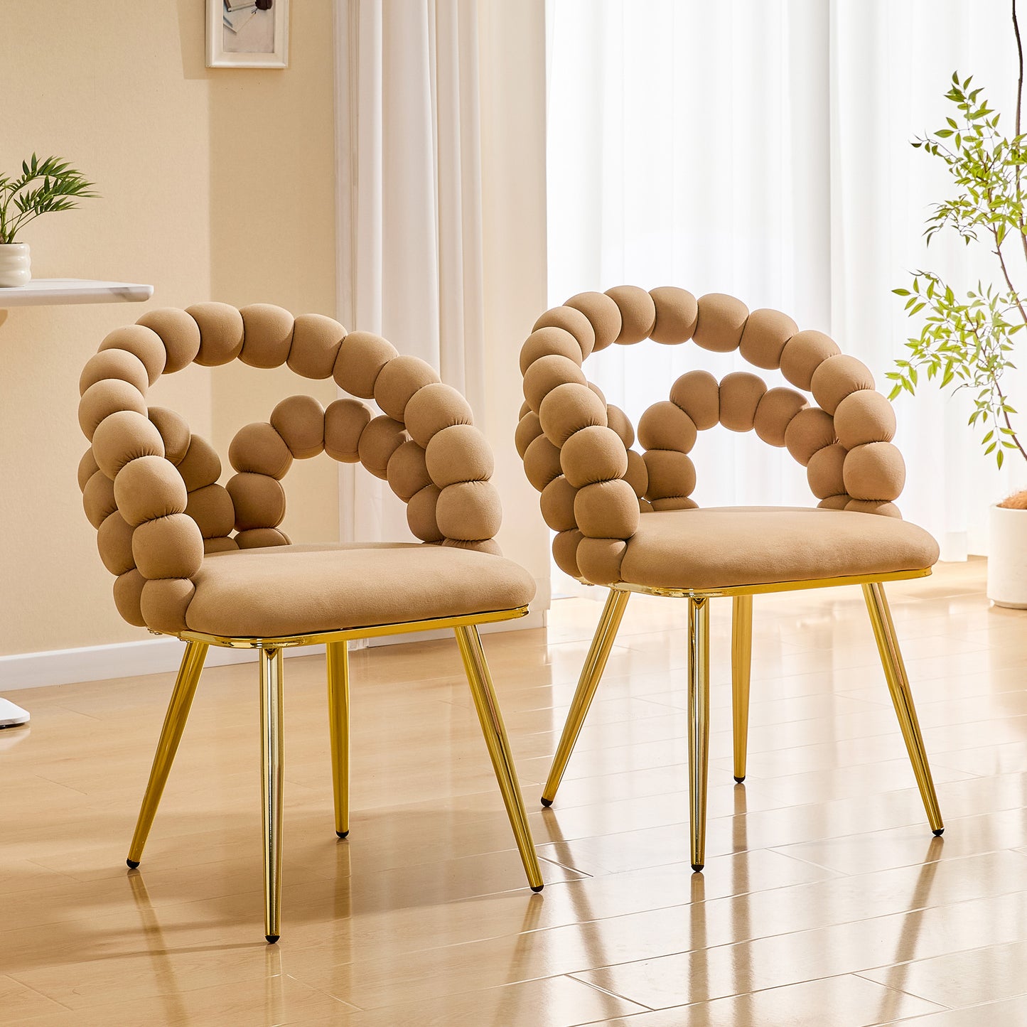 Set of 2 Modern Velvet Dining Chairs with Bubble Back - Brown & Gold