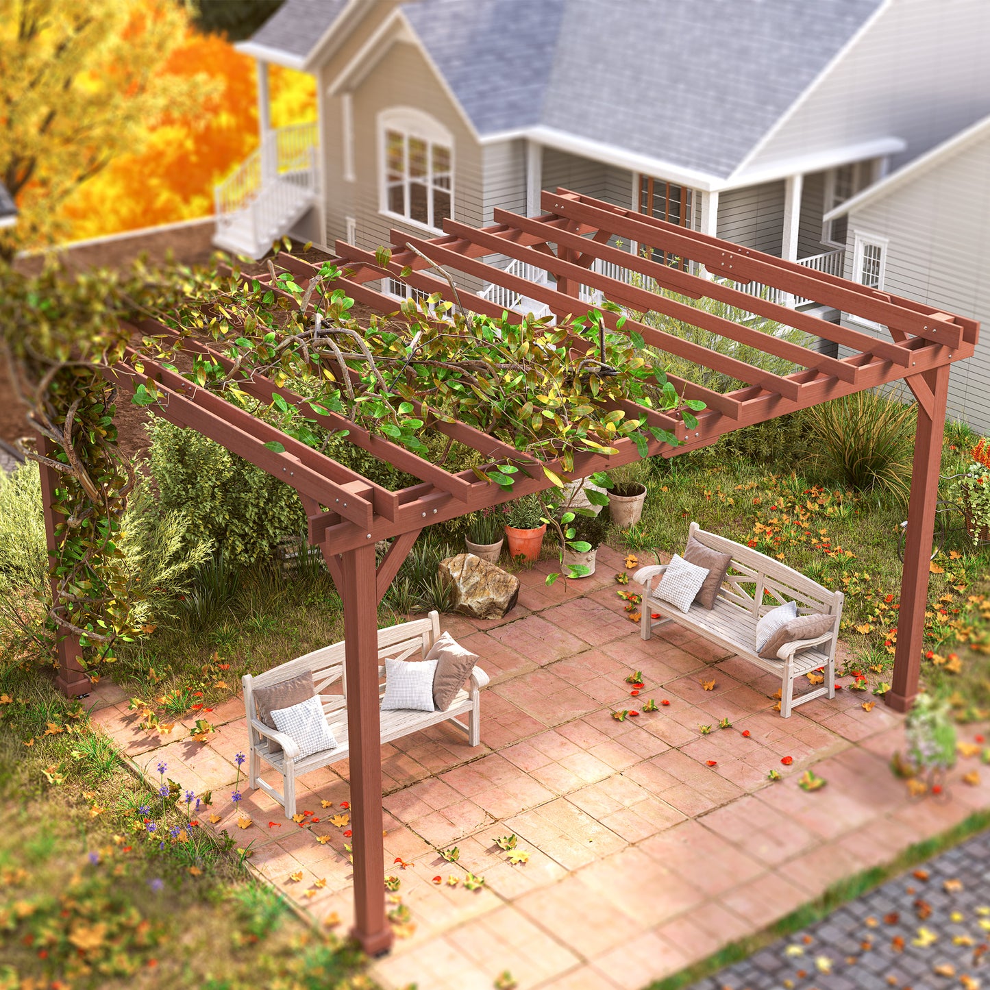 Wood Pergola with Grape Trellis for Outdoor Patio - Brown