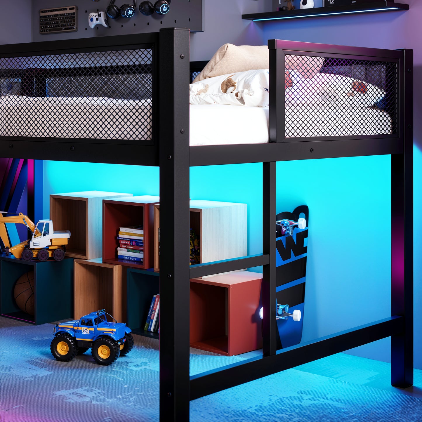 Twin XL Gaming Loft Bed with Desk, LED Lights & USB Ports - Black