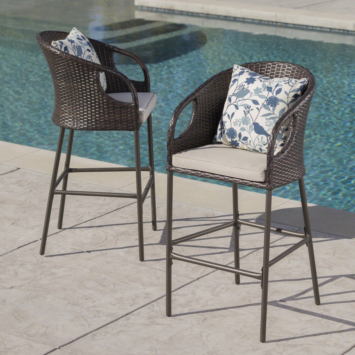 Outdoor 31 PE Rattan Barstools With Waterproof Cushions, Set Of 2,