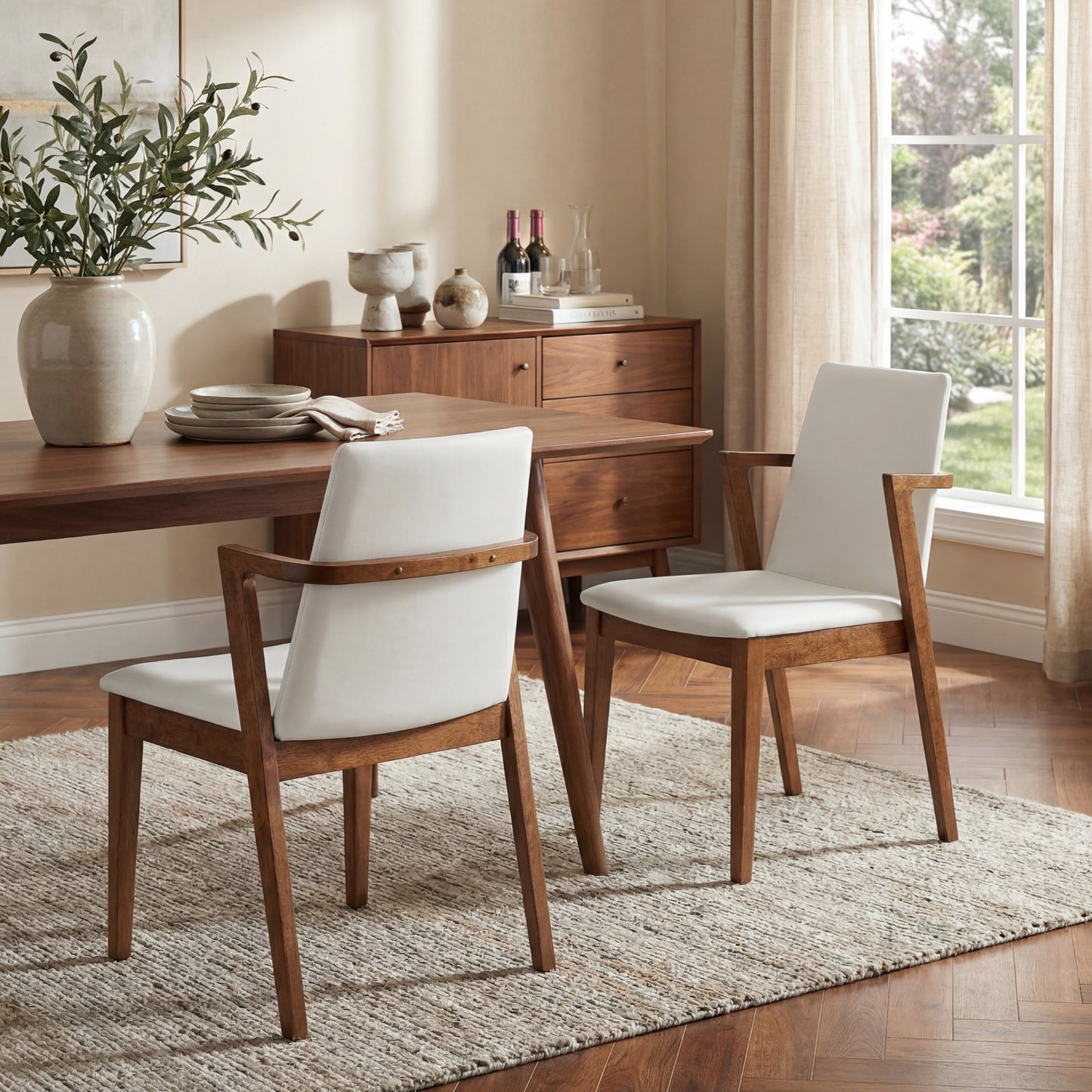 Mid-Century Modern Dining Chairs Set of 2 - Beige PU Upholstered
