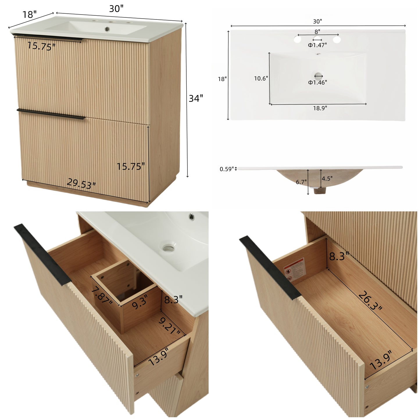 30" Bathroom Vanity with Ceramic Sink & Full-Extension Drawers - Natural
