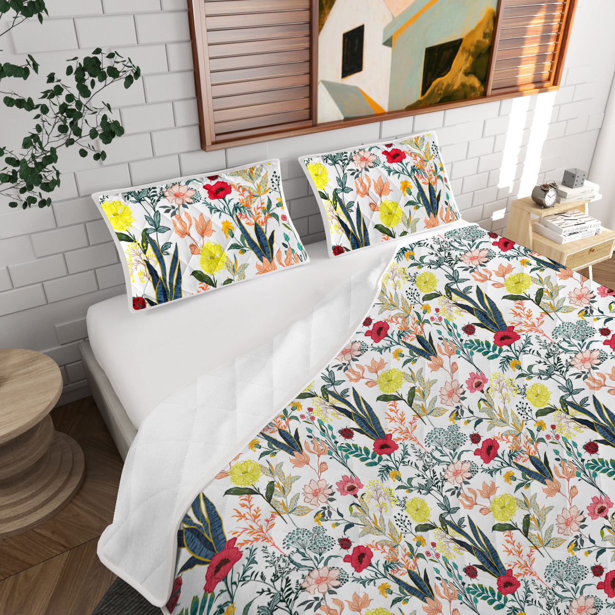 Floral Microfiber Quilt Set - Lightweight Bedspread & Pillow Shams