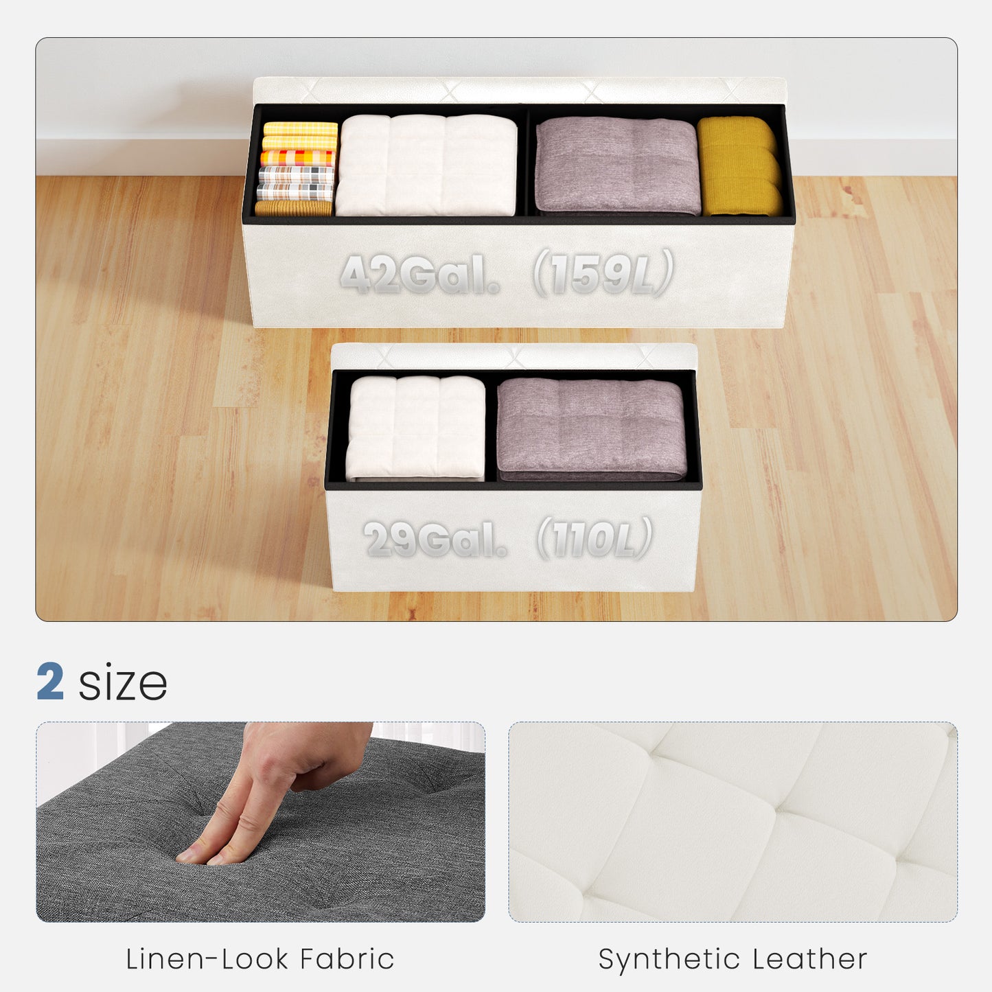 43-Inch Foldable Storage Bench - Beige PVC, 660 lbs Capacity