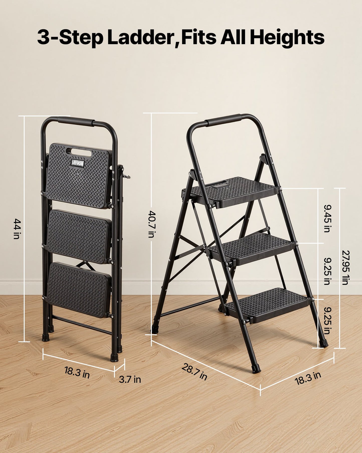 3-Step Folding Ladder with Anti-Slip Pedals & Handgrip - 600 Lb Capacity, Black