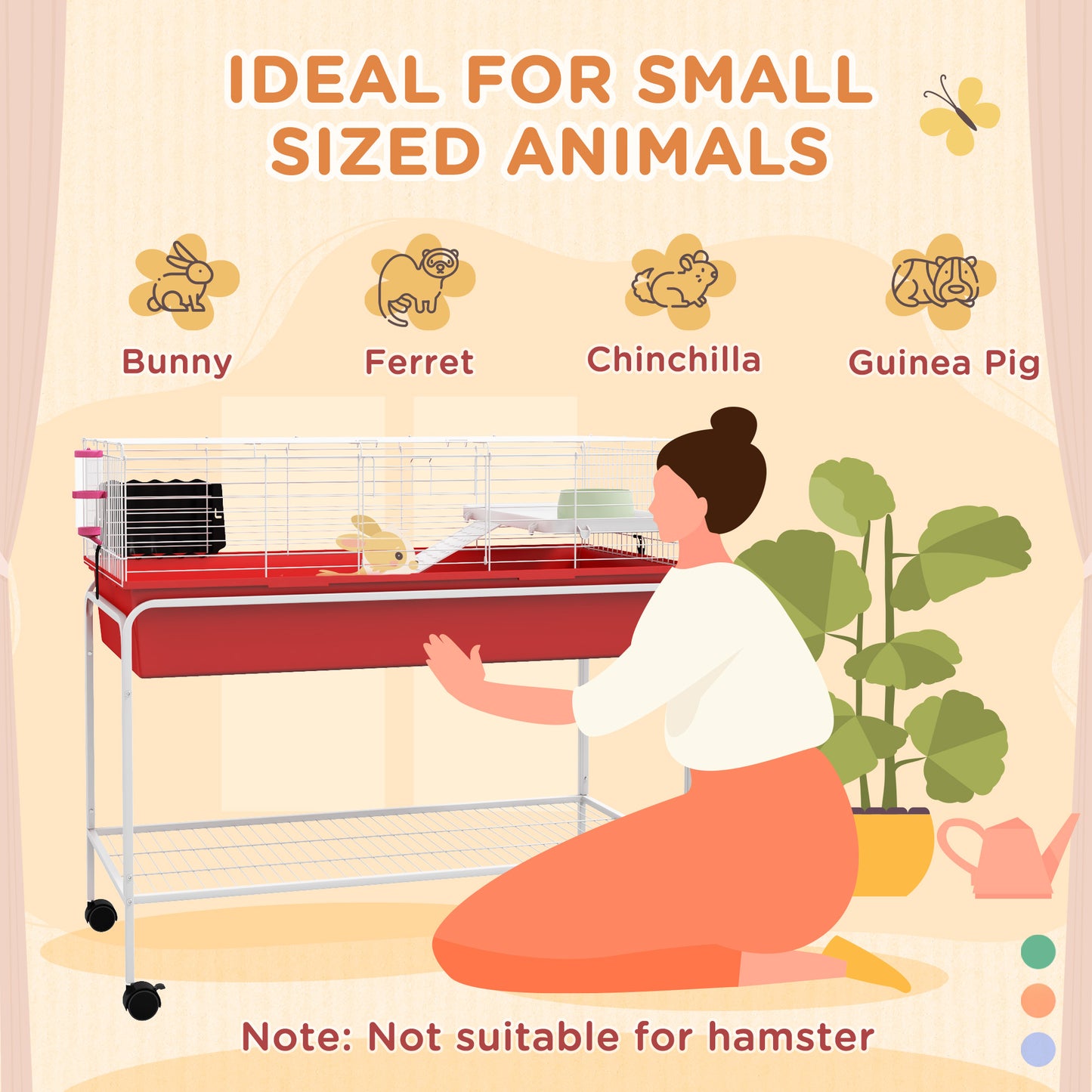 Small Animal Cage with Removable Stand, Wheels & Shelf - 39x20.5x36.5 Inches, Red