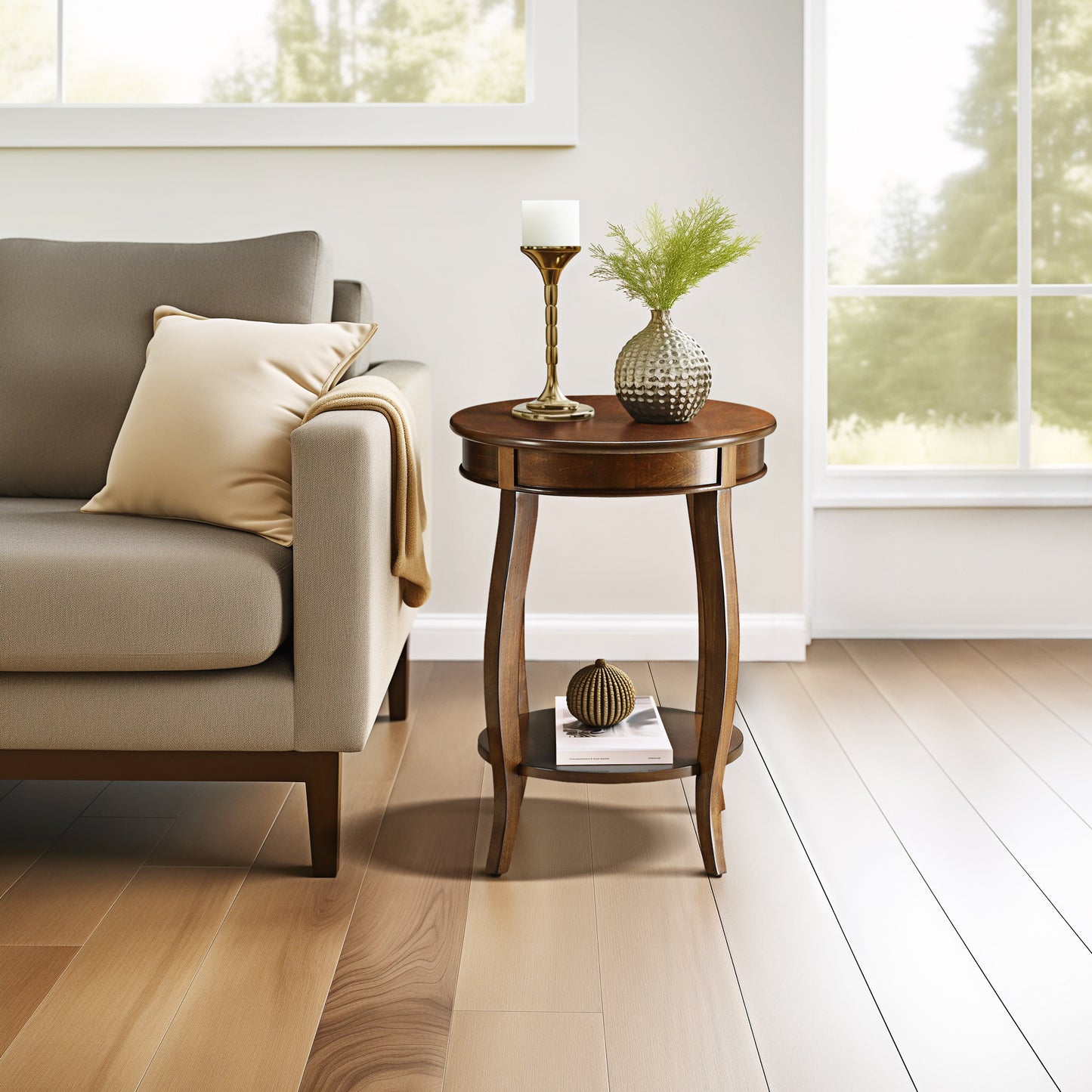 Walnut Finish Accent Table with Open Storage Shelf