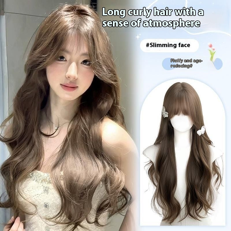 Long Curly Synthetic Wig for Women - Gray Brown Hair with Care Set