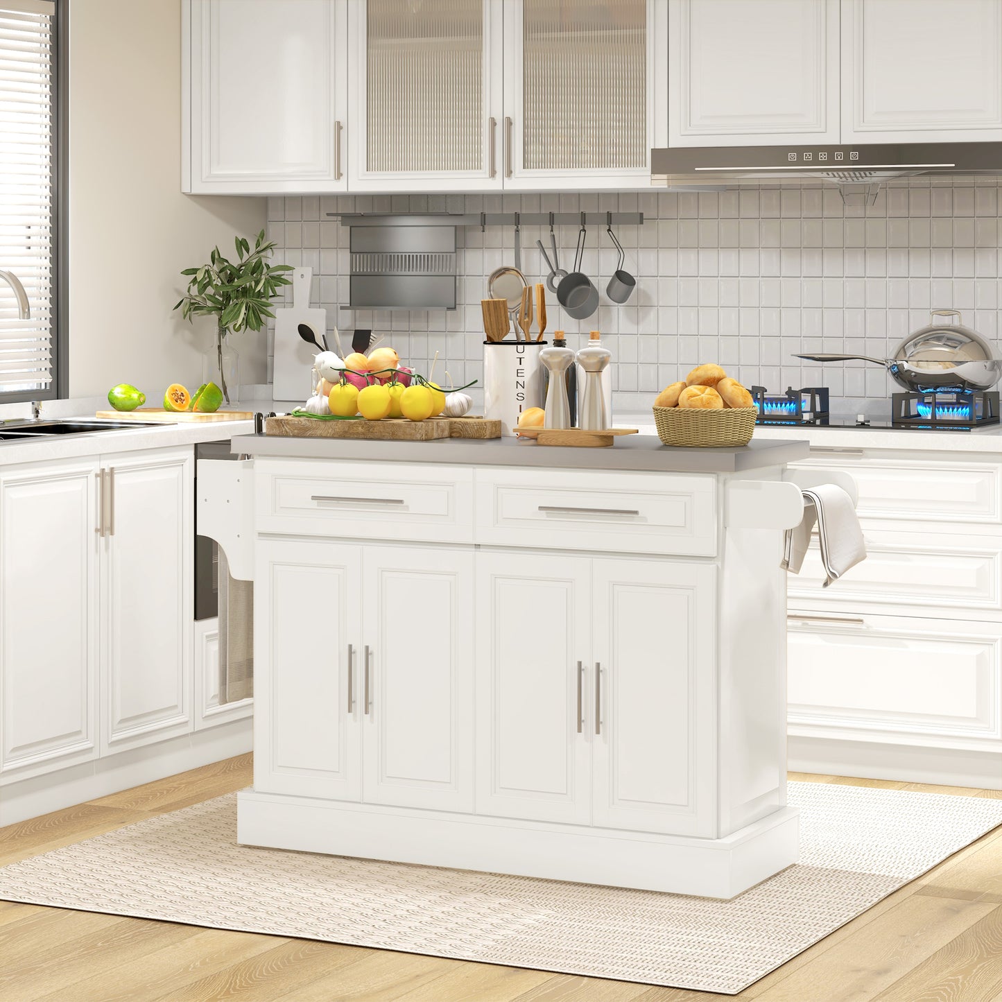 Rolling Kitchen Island Cart with Stainless Steel Top - Cream White