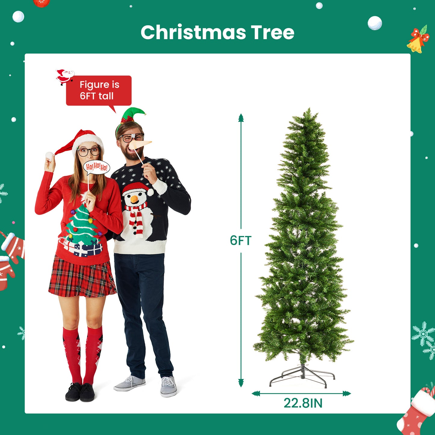 Prelit Slim Christmas Tree with 250 LED Lights & Foldable Base