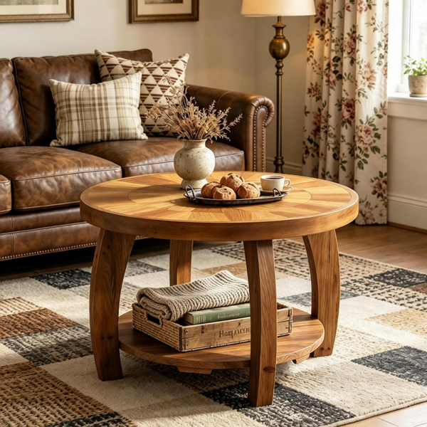 Round Solid Wood End Table with Two-Tiered Storage
