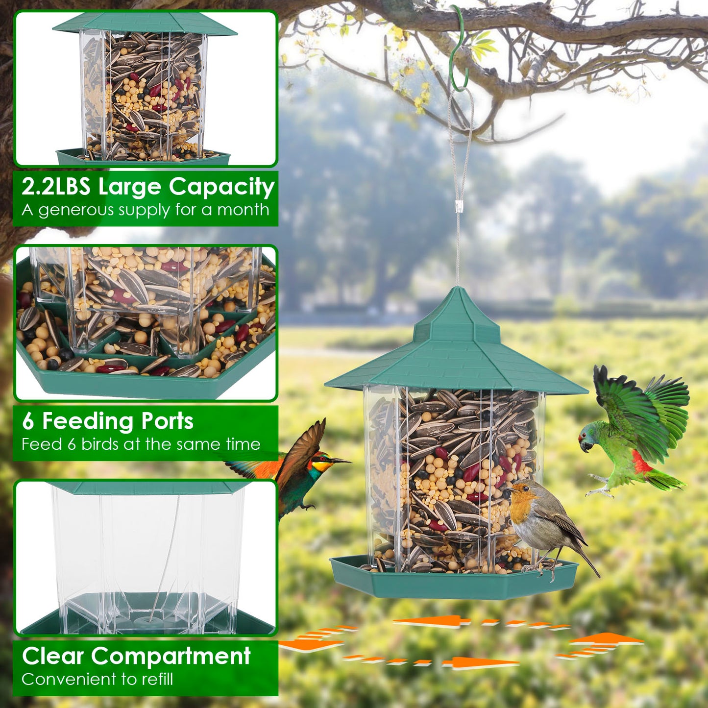 Hanging Bird Feeder with Large Capacity and 6 Feeding Ports for Garden Patio Park