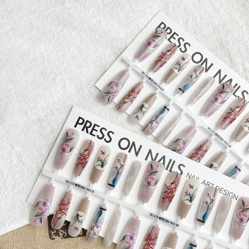 Fake Nail Tips - 40-Piece Set, Retro Chinese Style
