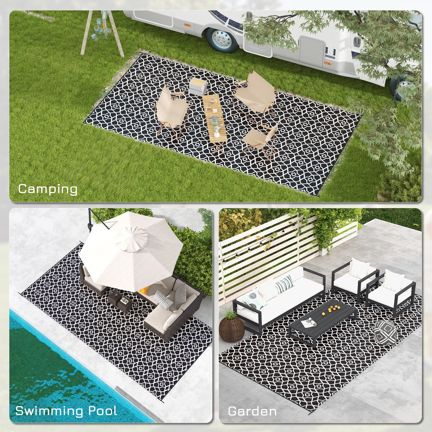 Reversible Outdoor Rug - Black & White Clover, 9x18 ft with Carry Bag