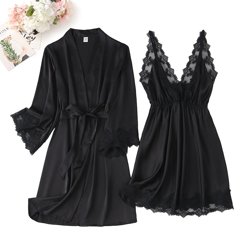 Women's Silk Pajamas Set with Lace - Summer Spring Sleepwear for Women