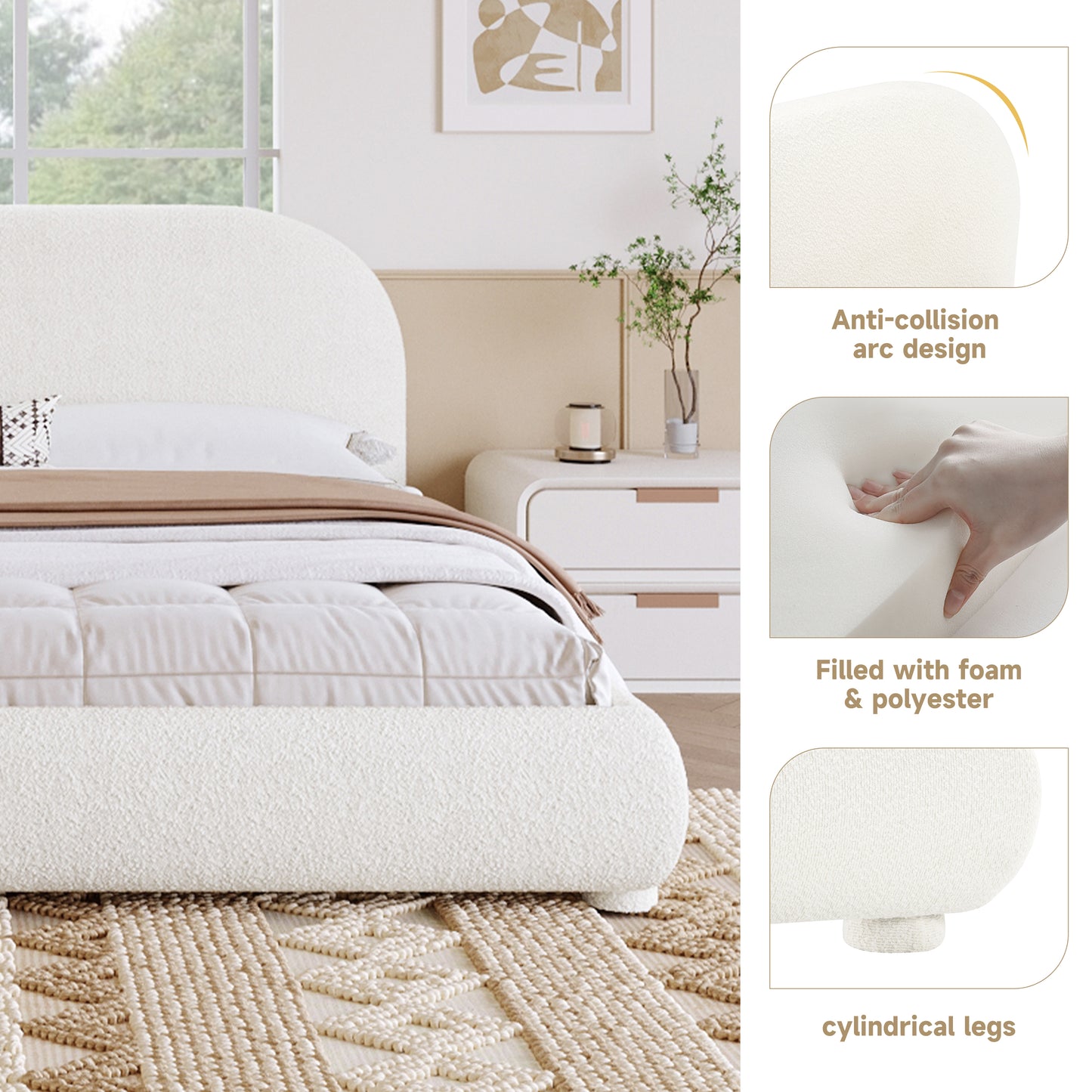 King Cream Fabric Upholstered Bed - Modern Double Bed