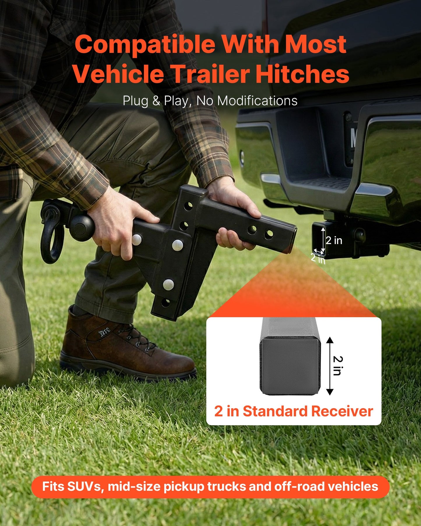 Adjustable Trailer Hitch Ball Mount with D Shackle for 2-Inch Receiver, 10,000 Lb Capacity