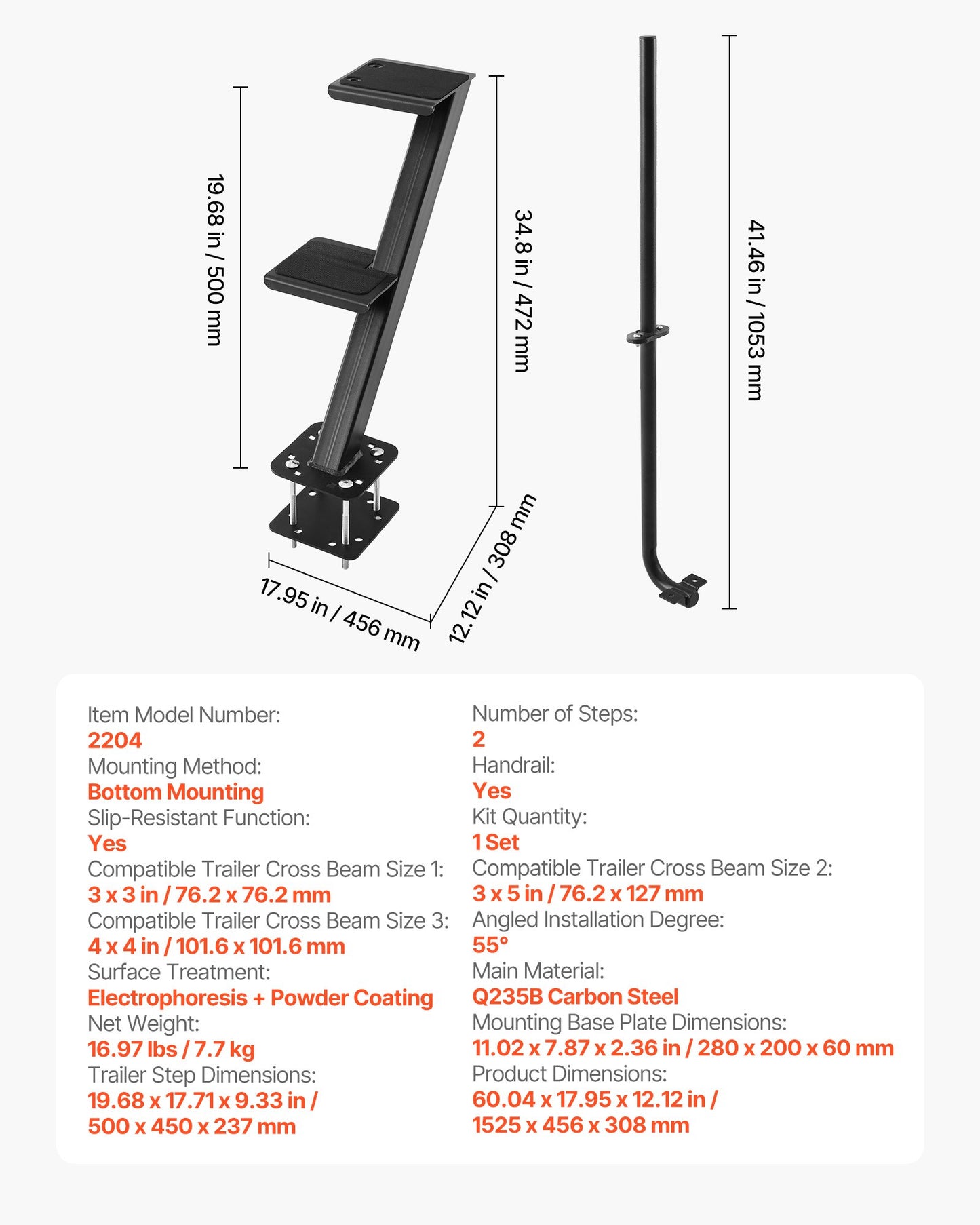 Heavy-Duty Boat Trailer Steps with Handle - Non-Slip Steel Ladder, Black