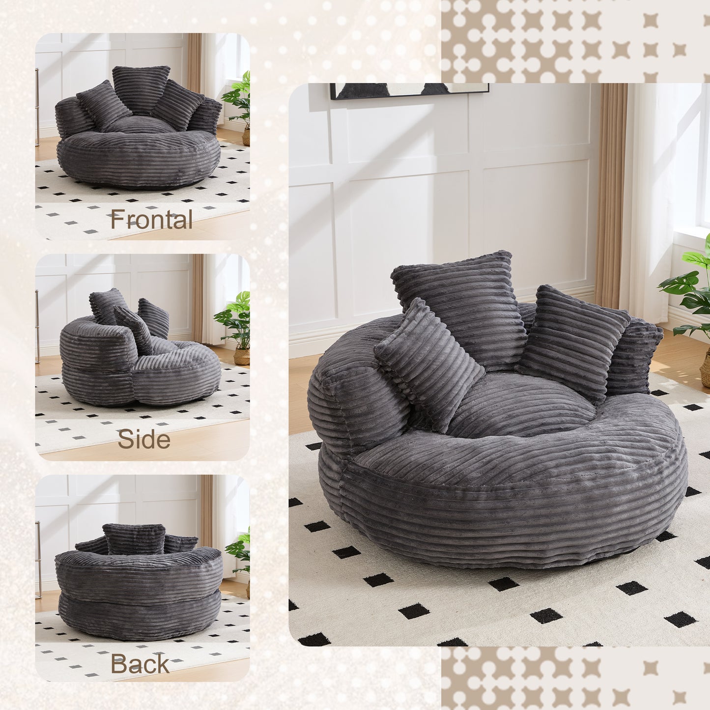 Oversized Corduroy Bean Bag Chair with 3 Pillows - Dark Gray