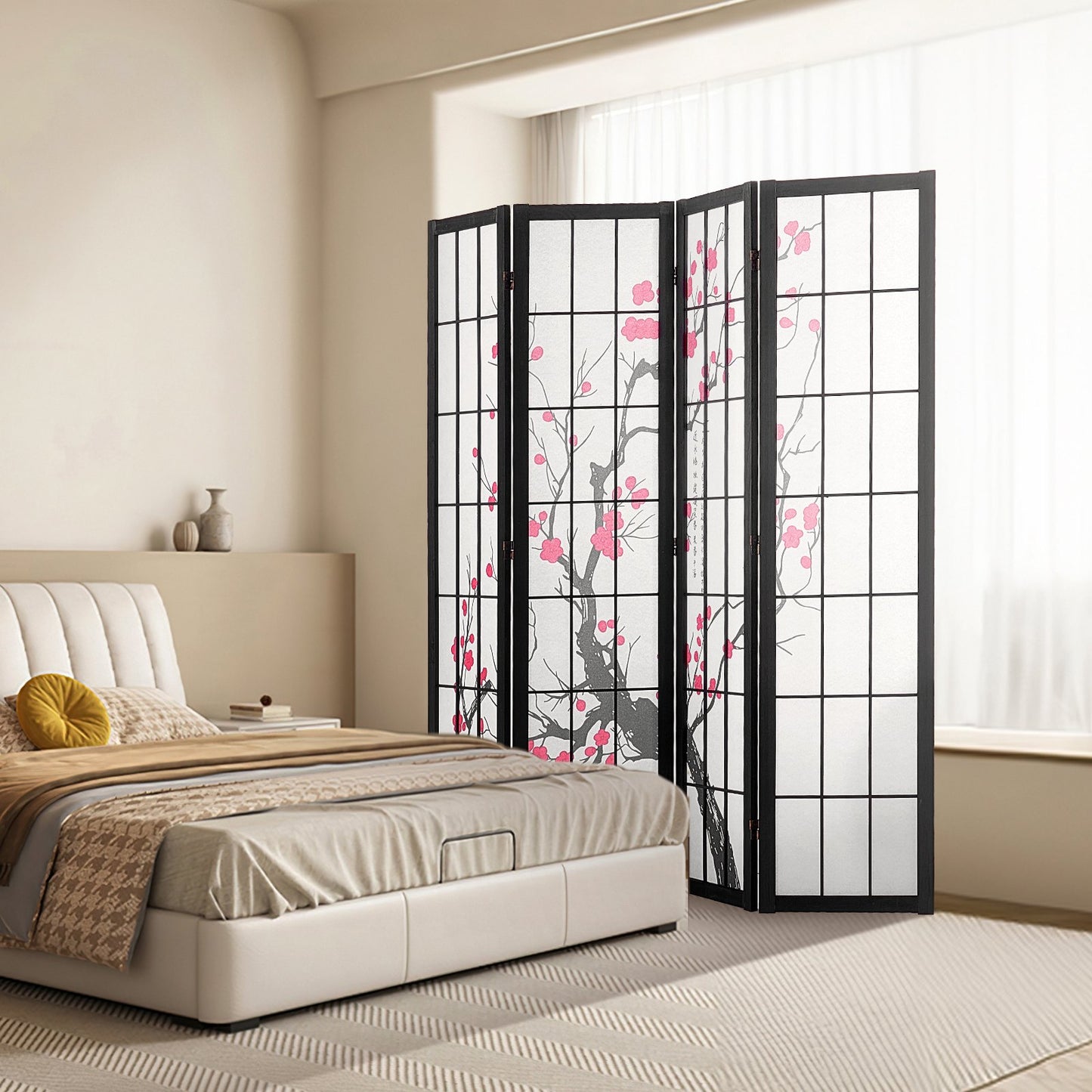 Japanese Room Divider Screen - 4 Panel Wood Folding Privacy Divider