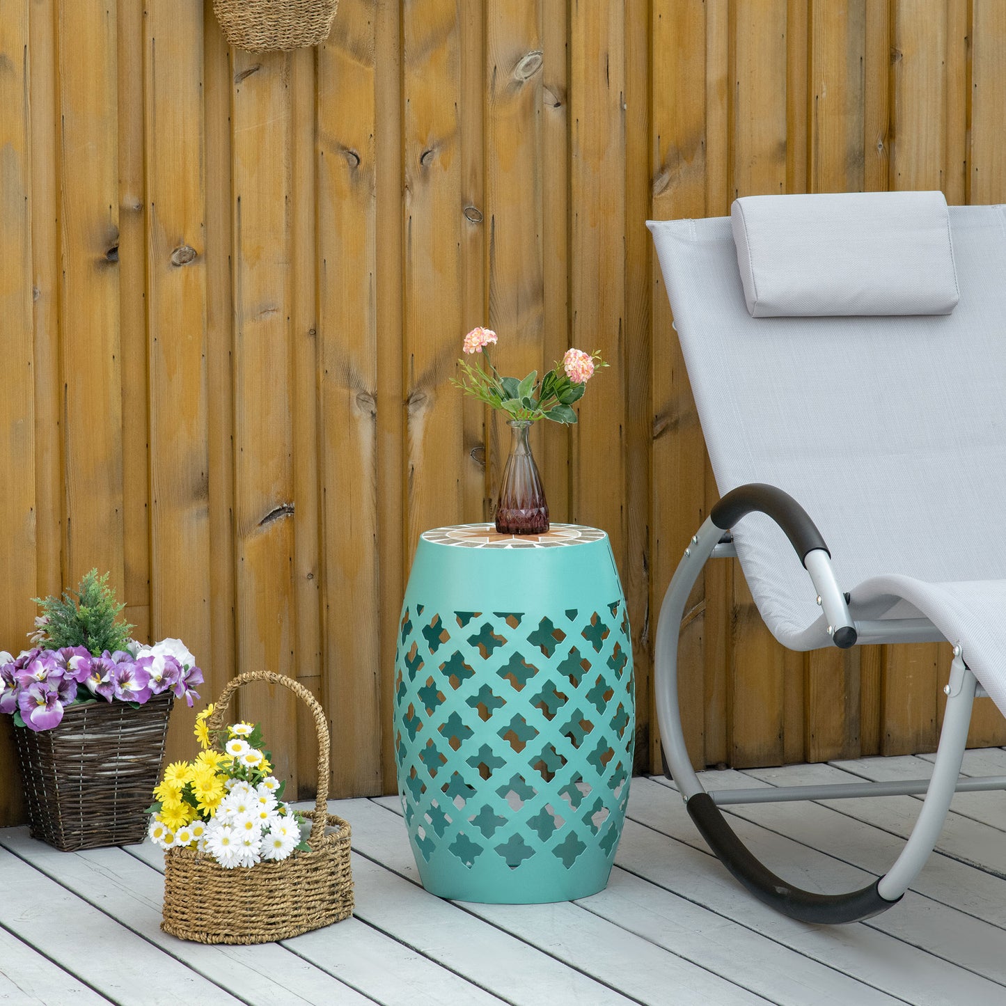 Mosaic Outdoor Stool - 12" Round Patio Side Table - Blue