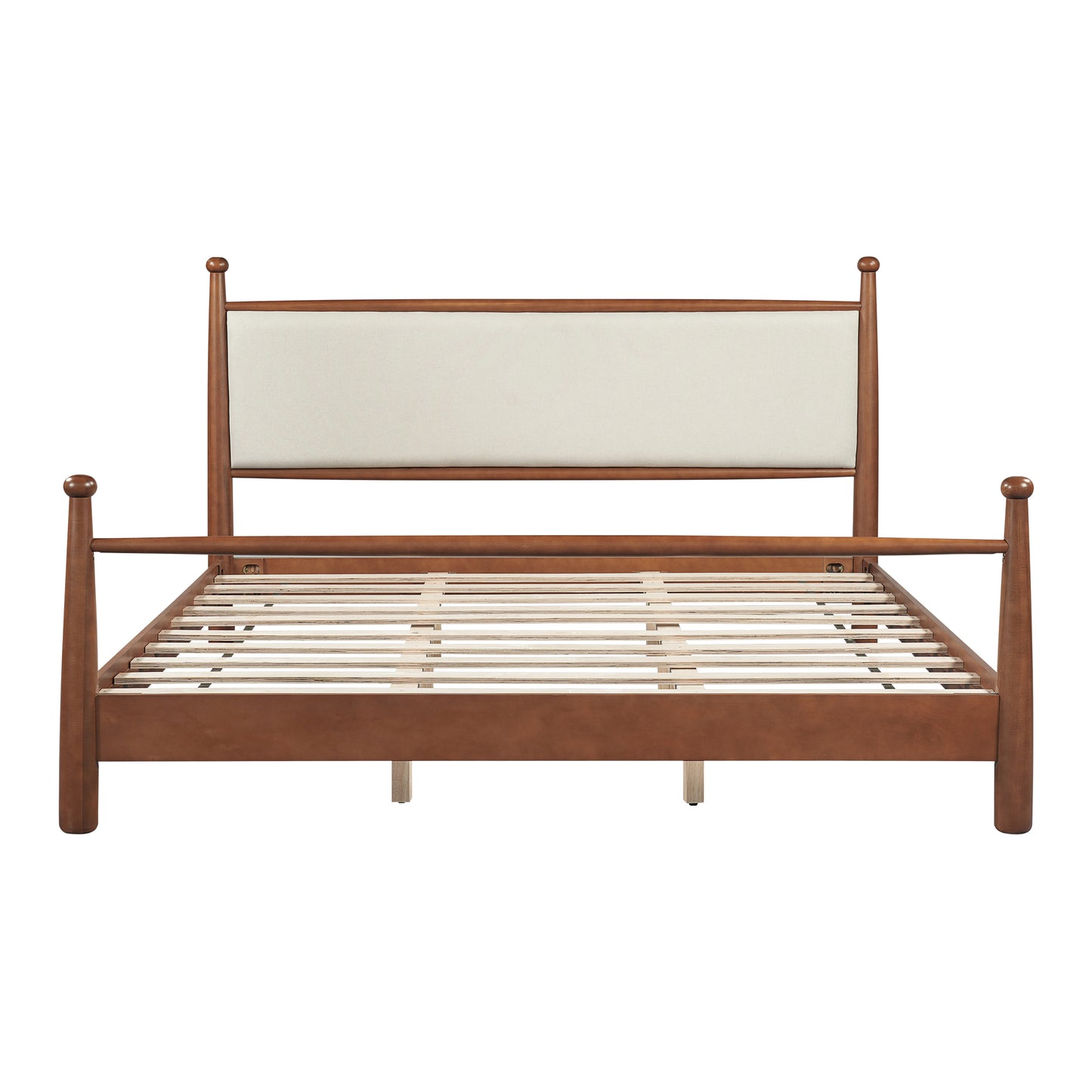 King Bed Frame with Upholstered Headboard - Solid Poplar & Plywood - Beige Walnut