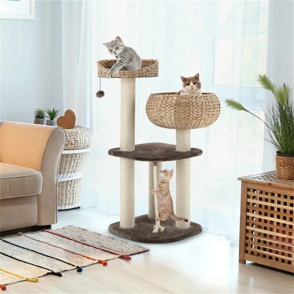 41 Inch Hand-Woven Water Hyacinth Cat Tree with Sisal Posts Multi-Level Activity Center - Brown