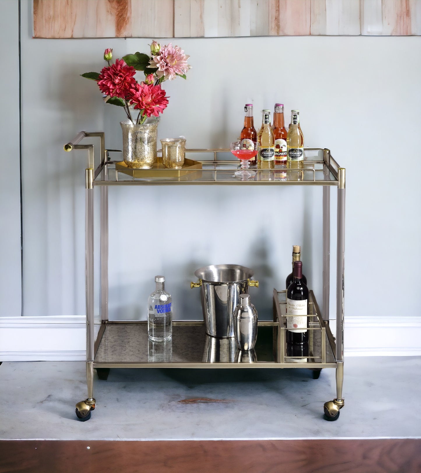 Antique Mirror & Wire Brass Finish Serving Cart - White