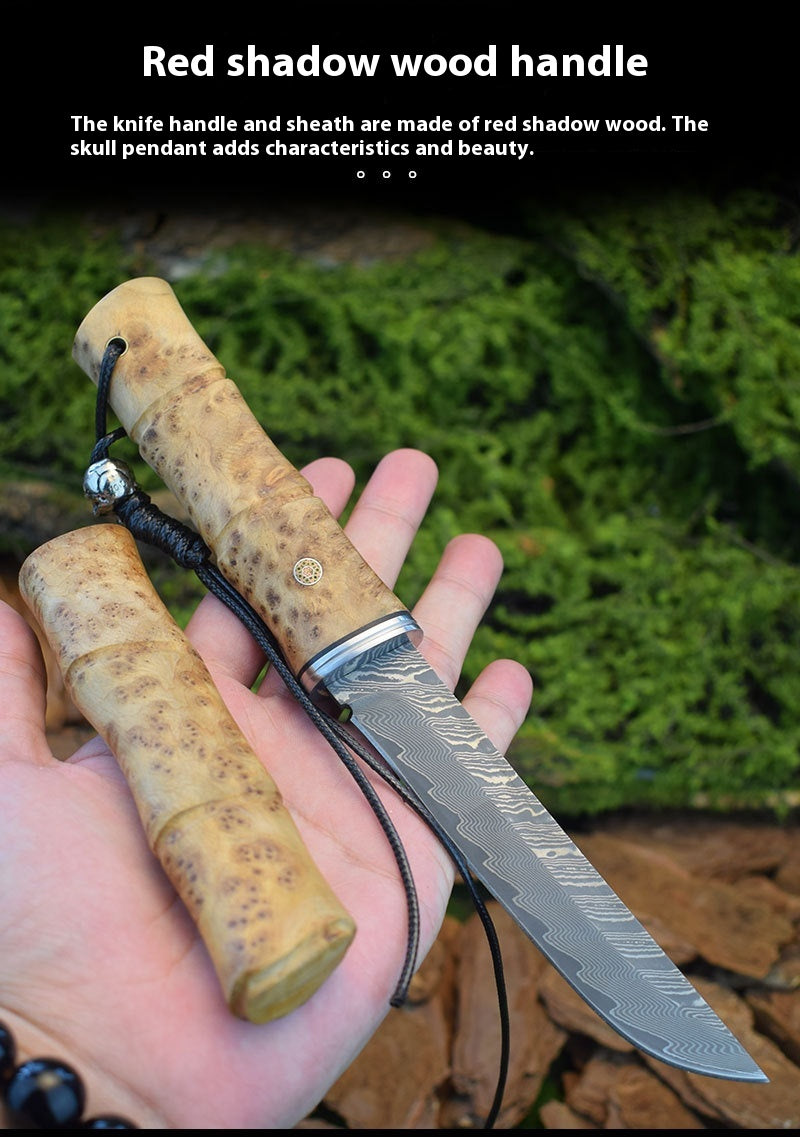 Handmade Damascus Steel Tactical Camping Knife with Red Shadow Wood Handle