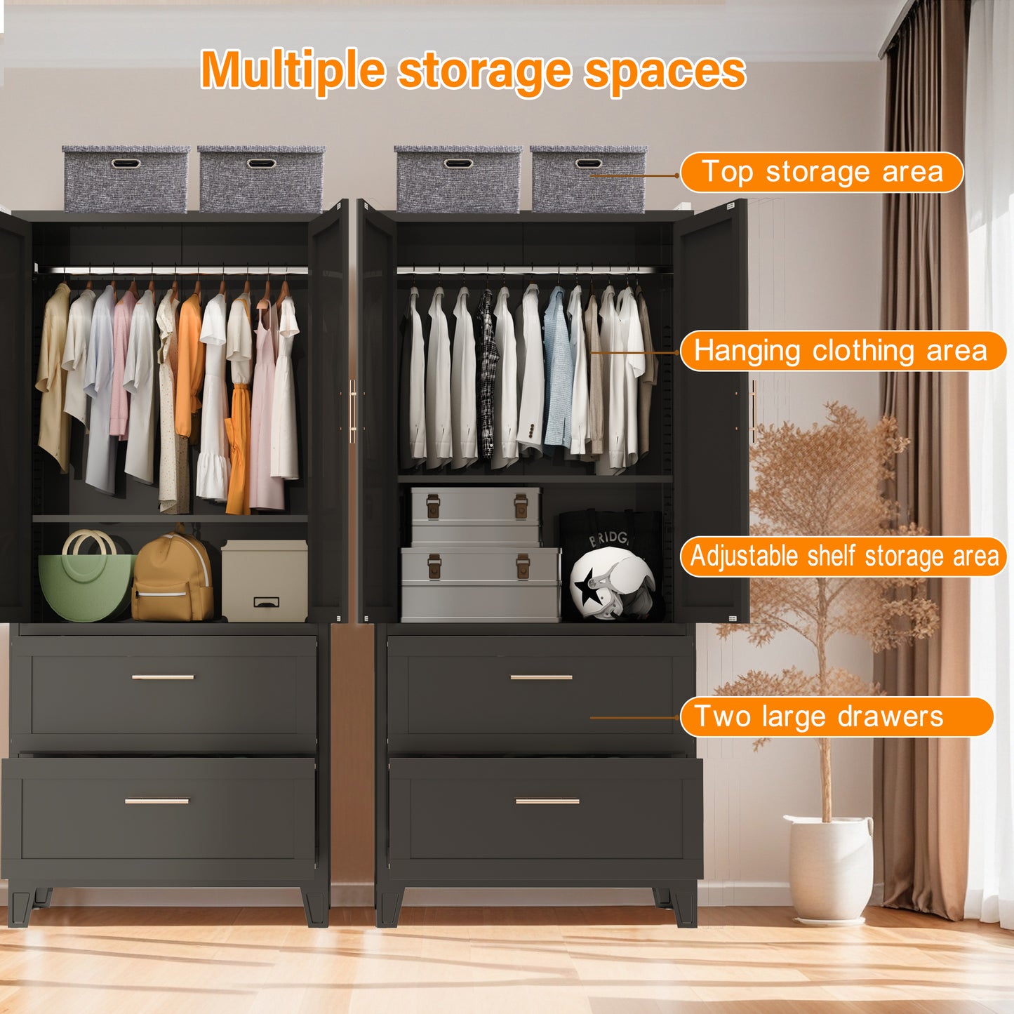 71" Tall Metal Wardrobe Cabinet with 2 Drawers & Shelf - Black