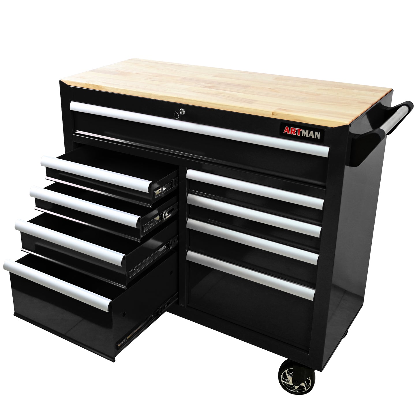 Multifunctional Tool Cart with 9 Drawers, Wheels & Wooden Top - Black