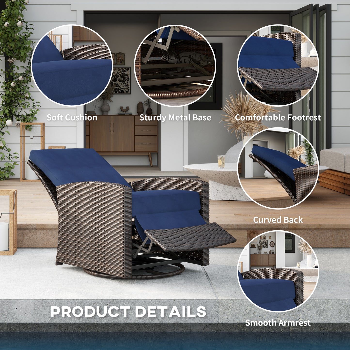 Outdoor Wicker Swivel Chair with Reclining Backrest & Footrest - Dark Blue
