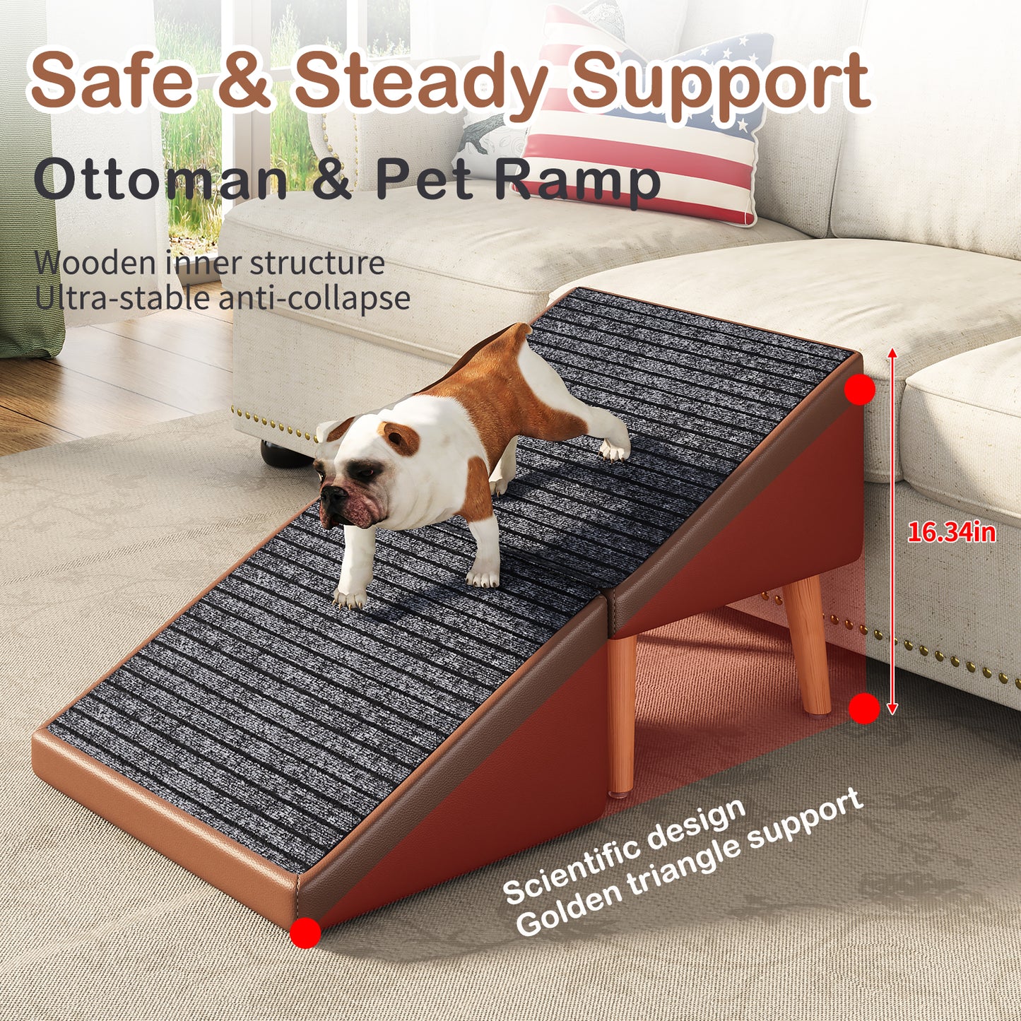 3-in-1 Pet Ramp with Storage and Footstool - Non-Slip, Supports 265 lbs, Brown