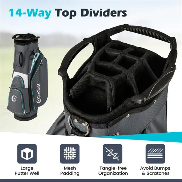 14-Way Golf Cart Bag with 6 Pockets & Cooler - Gray/Blue