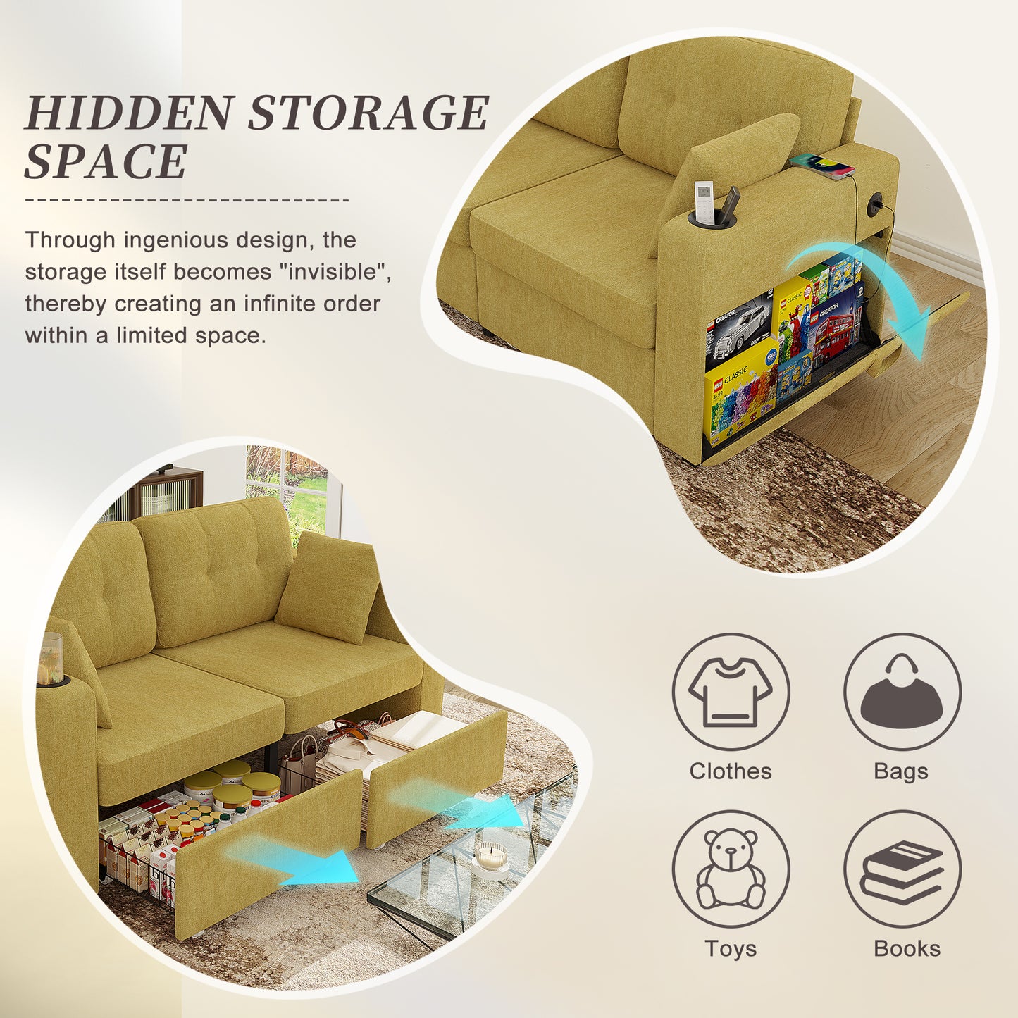 Modern 3-Seat Sofa with USB Charging & Storage - Mustard Yellow