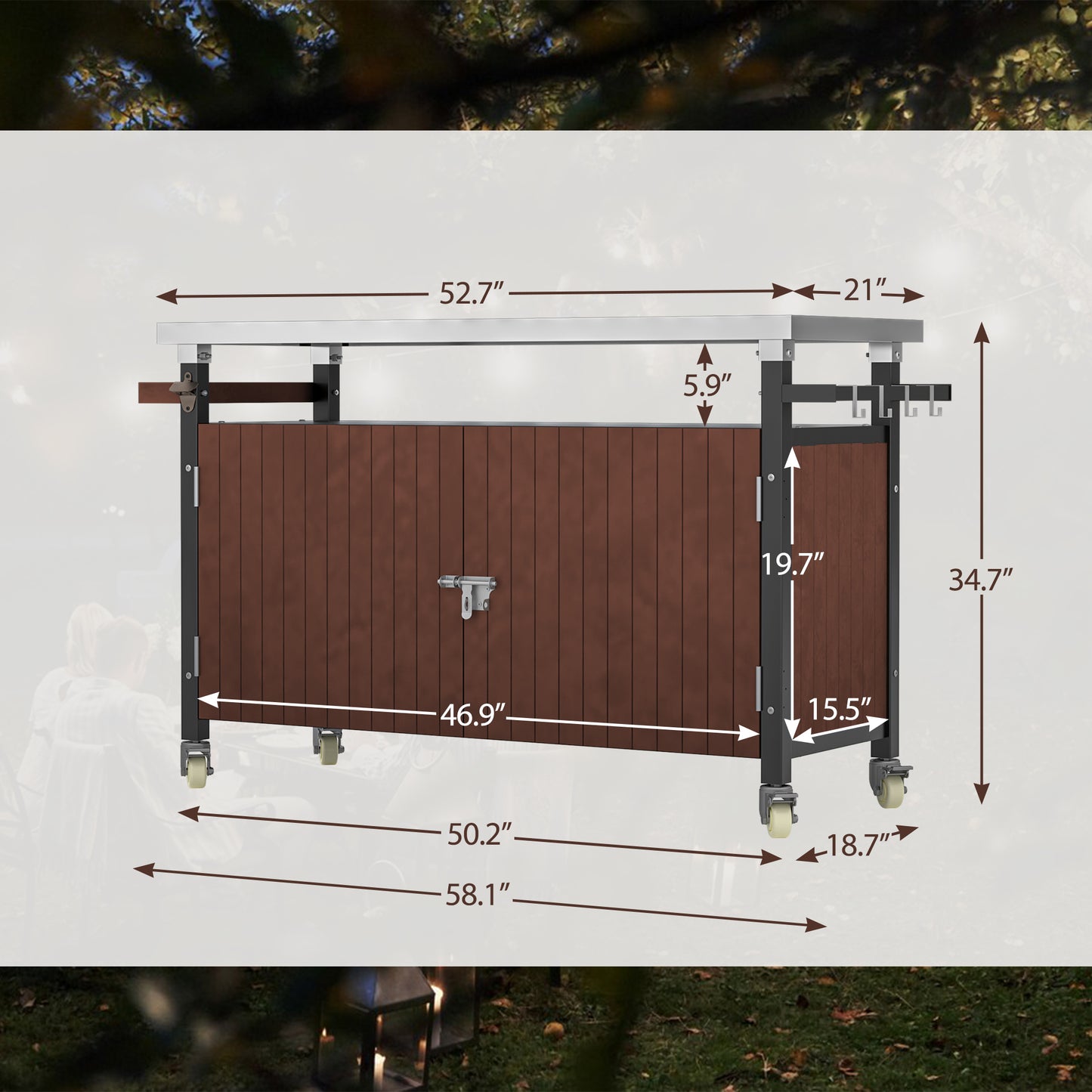Outdoor Grill Cart with Stainless Steel Top & Wheels - 52.7"
