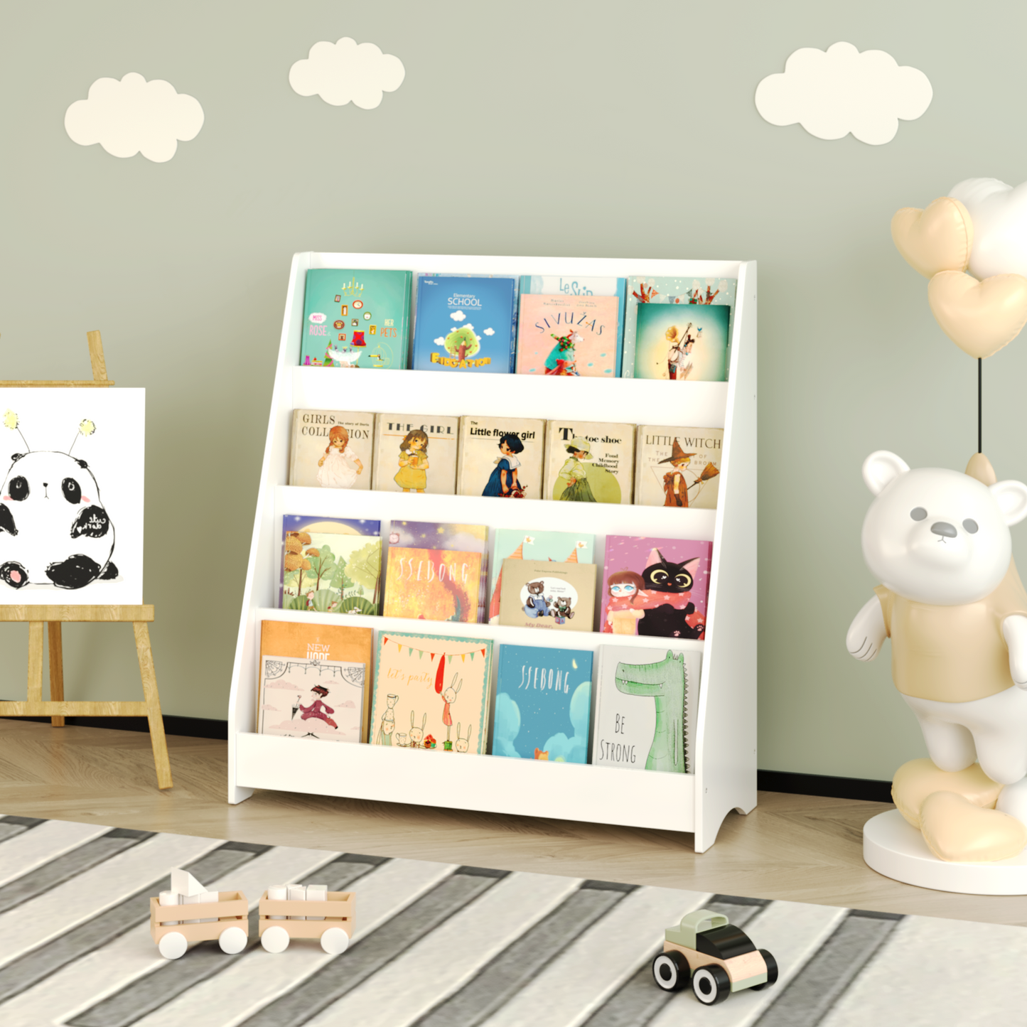 4-Tier Kids Bookshelf - White MDF Book Display Organizer